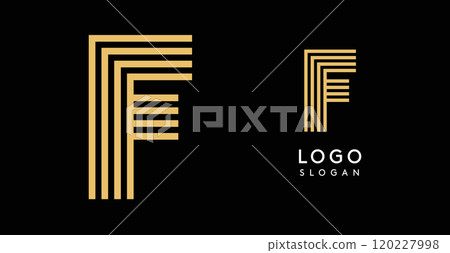 Geometric golden letter F with concentric lines on black background. Sleek sophisticated logo design. Luxury, modernity, elegance logotype for premium branding, corporate identity.Vector illustration. 120227998