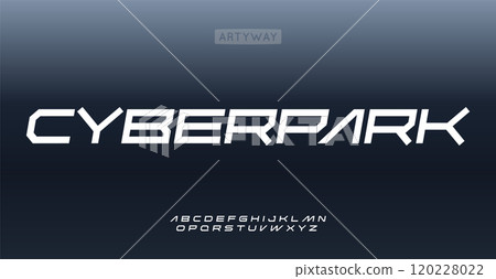 Wide geometric alphabet, bold cyberpunk font, futuristic angular typography, robotic industry typeface, techno sci-fi character, digital branding power. Vector typeset Wide geometric alphabet, bold cyberpunk font, futuristic angular typography, robotic industry typeface, techno sci-fi character, digital branding power. Vector typeset 120228022