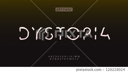 Dystopian fragmented alphabet, raw stencil font, uneven minimal font for post futurism headlines, worn cyber logo, dramatic futuristic branding design. Vector typeset. 120228024