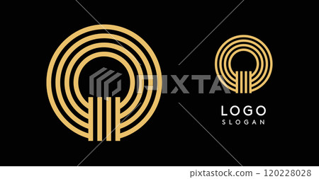 Geometric golden letter Q with concentric lines on black background. Sleek sophisticated logo design. Luxury, modernity, elegance logotype for premium branding, corporate identity.Vector illustration. 120228028