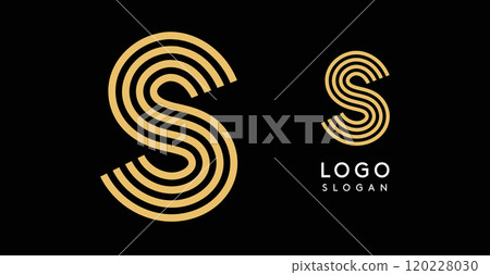 Geometric golden letter S with concentric lines on black background. Sleek sophisticated logo design. Luxury, modernity, elegance logotype for premium branding, corporate identity.Vector illustration. 120228030