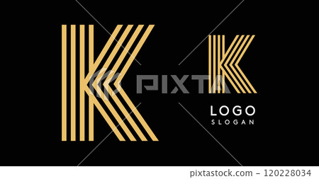 Geometric golden letter K with concentric lines on black background. Sleek sophisticated logo design. Luxury, modernity, elegance logotype for premium branding, corporate identity.Vector illustration. Geometric golden letter K with concentric lines on black background. Sleek sophisticated logo design. Luxury, modernity, elegance logotype for premium branding, corporate identity.Vector illustration. 120228034
