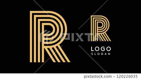 Geometric golden letter R with concentric lines on black background. Sleek sophisticated logo design. Luxury, modernity, elegance logotype for premium branding, corporate identity.Vector illustration. Geometric golden letter R with concentric lines on black background. Sleek sophisticated logo design. Luxury, modernity, elegance logotype for premium branding, corporate identity.Vector illustration. 120228035