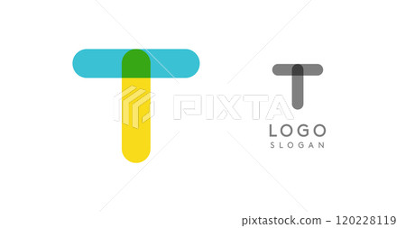 Soft rounded trendy logo, geometric colorful letter T with a modern tech feel, playful monogram design for corporate identity, creative branding, logotype template. Vector logotype 120228119
