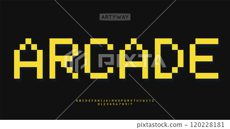 Pixelated 8-bit alphabet, retro video game style letters, nostalgic digital font, classic arcade typography, bold blocky lettering, Y2K gaming alphabet, stylized for tech branding. Vector typeset. 120228181