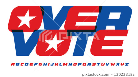 Impactful voting alphabet, italic bold letters patriotic colors, american vote font for dynamic patrotic headline, logo and lettering. Powerful national campaign typography. Vector typeset. 120228182