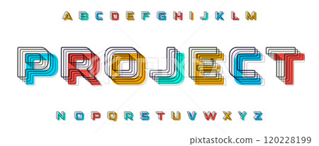 Layered outline alphabet. Blending overlapping lines and multicolor shapes. Geometric experimental font for creative projects, digital art, contemporary branding, innovative posters. Vector typeset. 120228199