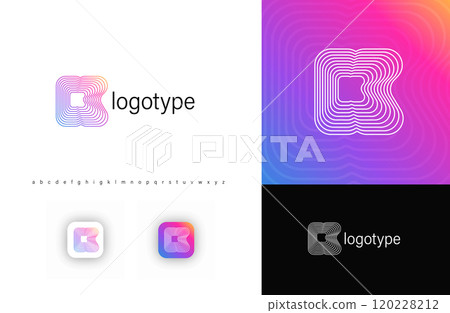 Blending lines in letter K, rounded geometric stripes logo for tech identity, branding, creative posters. Vector logotype. 120228212