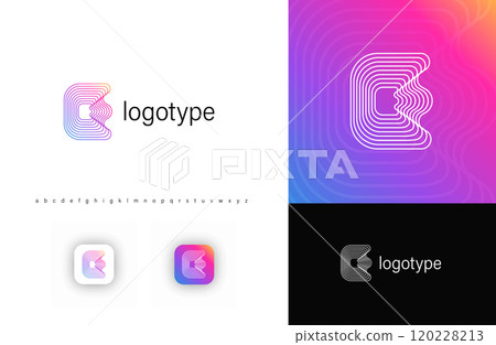 Blending lines in letter E, rounded geometric stripes logo for tech identity, branding, creative posters. Vector logotype. 120228213