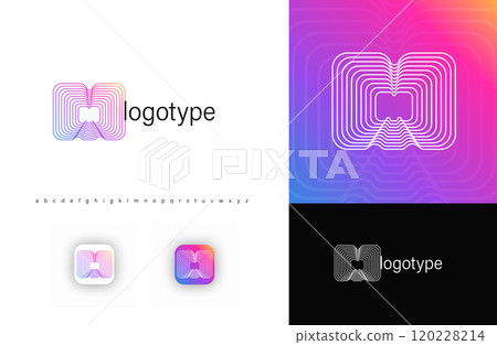 Blending lines in letter M, rounded geometric stripes logo for tech identity, branding, creative posters. Vector logotype. 120228214