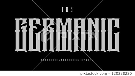 Gothic blackletter font, schwabacher letters with dramatic sharp edges, fraktur alphabet for tattoo saloon, heavy metal music logo, old school medieval germanic style headline. Rotunda style typeset 120228220