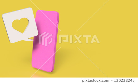 The pink mobile and heart icon on yellow background for love applications concept 3d rendering. The pink mobile and heart icon on yellow background for love applications concept 3d rendering. 120228243
