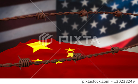 The rusty barbed wire and usa and china flag Background for Business concept 3d rendering. 120228249