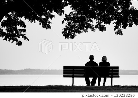 坐在湖邊長凳上的一男一女的後視圖 — 沉默與和平的剪影 120228286
