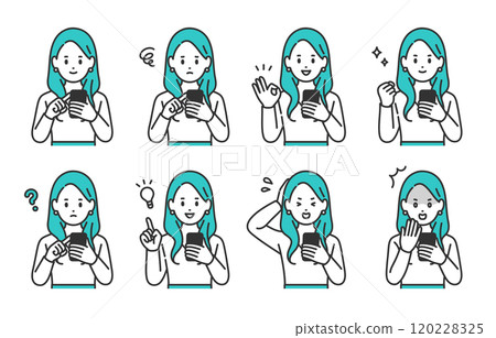 A set of young women with various expressions and poses while looking at their smartphones [People vector illustration material] 120228325