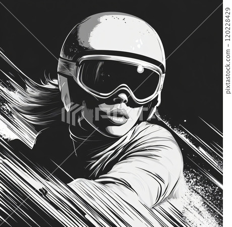 Woman skiing workout in retro USSR style on snowy slopes with high speed and focus 120228429