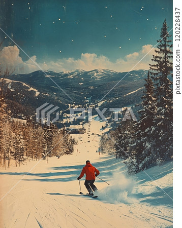 A skier enjoys the snowy slopes in a retro-style ski resort postcard from a winter wonderland A skier enjoys the snowy slopes in a retro-style ski resort postcard from a winter wonderland 120228437