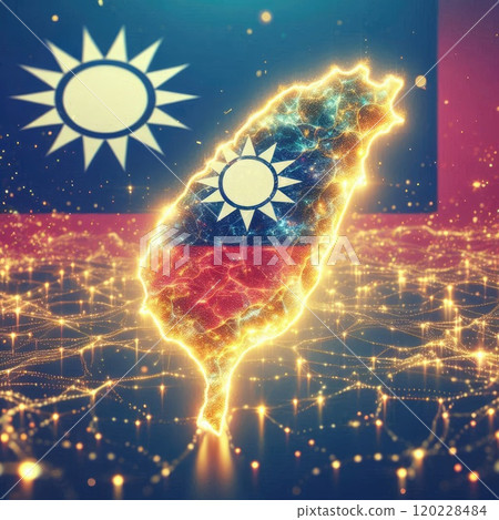Taiwan Map with Glowing Connections  Digital Abstract Technology Art with Generative AI. 120228484