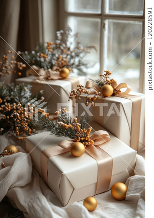 Elegant holiday gift arrangement by a window with decorations during winter season 120228591