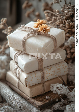 Beautifully arranged handmade soaps with natural decorations in a cozy setting 120228592