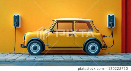 Yellow electric vehicle charging at a sleek station against a vibrant wall backdrop 120228710