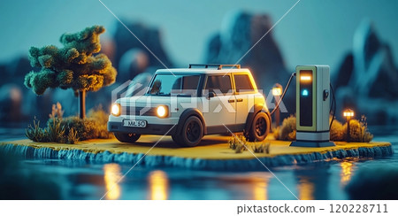 Charging a modern cartoon-style electric car at a scenic station during twilight hours Charging a modern cartoon-style electric car at a scenic station during twilight hours 120228711