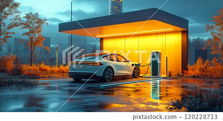 A modern white electric car charging at a sleek station during a vibrant sunset 120228713