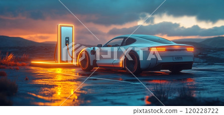 Modern white electric car charging at a station during a colorful sunset 120228722