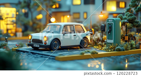 A modern electric car charging at a colorful station during a serene evening 120228723
