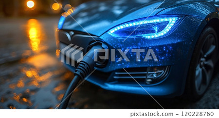 Electric car charging at a station on a rainy evening under city lights 120228760