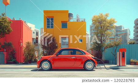 Electric car charging at a vibrant charging station in a colorful urban setting 120228765