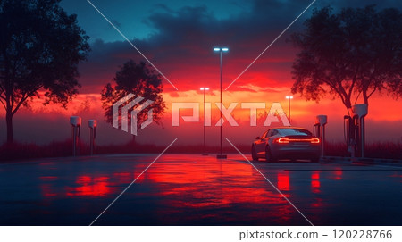 An electric car charging at a station during a colorful sunset with reflective ground 120228766