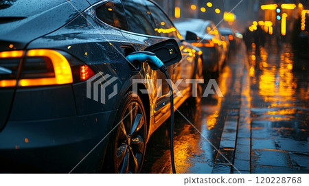 Electric car charging at a station on a rainy evening in an urban setting 120228768