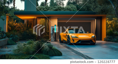 Electric car charging at a futuristic green station in a scenic garden setting during twilight 120228777