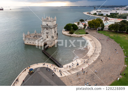 Aerial view of Belem Tower on Tagus river in Aerial view of Belem Tower on Tagus river in 120228809