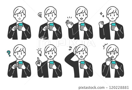A set of young men with various expressions and poses while looking at their smartphones [People vector illustration material] 120228881