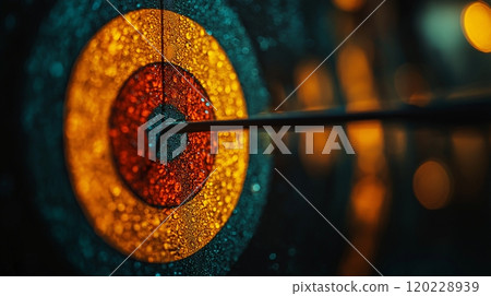 A close-up view of a dart piercing the bullseye on a dartboard in a dimly lit setting 120228939