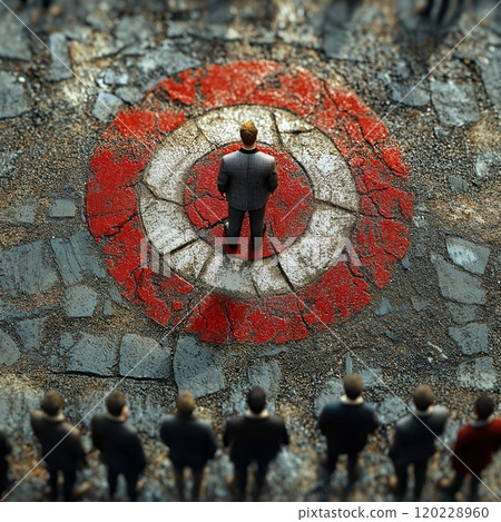 A group focuses on a central figure standing inside a target mark during a presentation 120228960