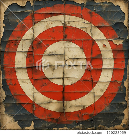 Vintage red and white dart target with a weathered appearance against a rustic background Vintage red and white dart target with a weathered appearance against a rustic background 120228969