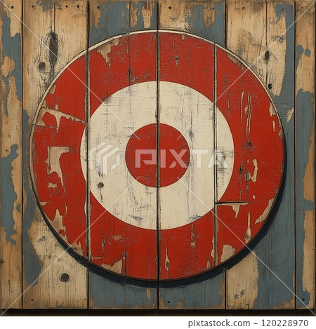 A worn red and white dartboard target on rustic wooden boards in a cozy game room setting A worn red and white dartboard target on rustic wooden boards in a cozy game room setting 120228970