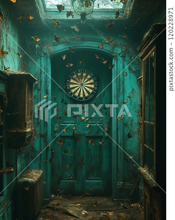 A weathered dartboard surrounded by fluttering moths in a forgotten, dusty room 120228971