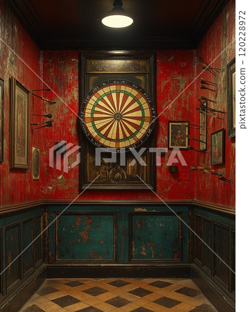 A vintage dart board stands out against a rustic red wall in an intimate game room 120228972