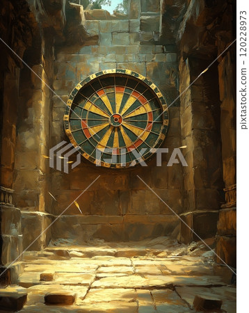 Dart board embedded in ancient ruins with darts thrown at it in a sunlit cavern Dart board embedded in ancient ruins with darts thrown at it in a sunlit cavern 120228973
