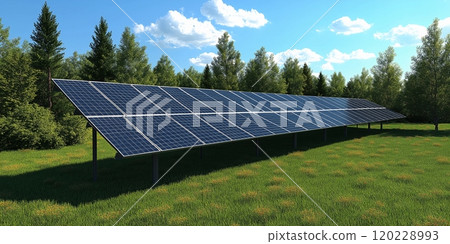 A solar panel array harnessing renewable energy under a clear blue sky in a lush green field 120228993