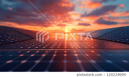 Aerial view of newly installed solar panel arrays during sunset with vibrant sky colors 120229004