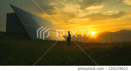 A man admires solar panels in a field during a beautiful sunset near mountains 120229022