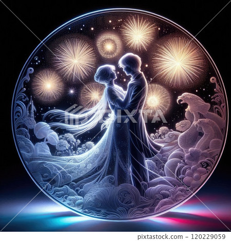 Romantic Silhouette Light Box Art with Dancing Couple Under Fireworks and Floral with Generative AI Romantic Silhouette Light Box Art with Dancing Couple Under Fireworks and Floral with Generative AI 120229059