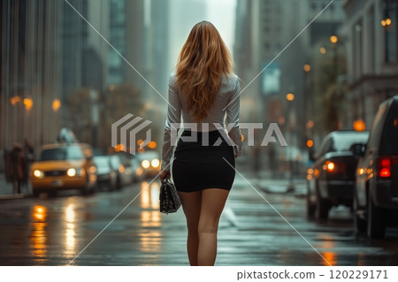 A stylish businesswoman confidently walks through a bustling city street on a rainy evening 120229171
