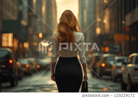 Stylish confident businesswoman walking confidently on a busy city street during sunset 120229172