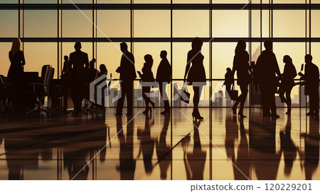 Cheerful crowd engaged in business activities during sunset at a modern office complex 120229201